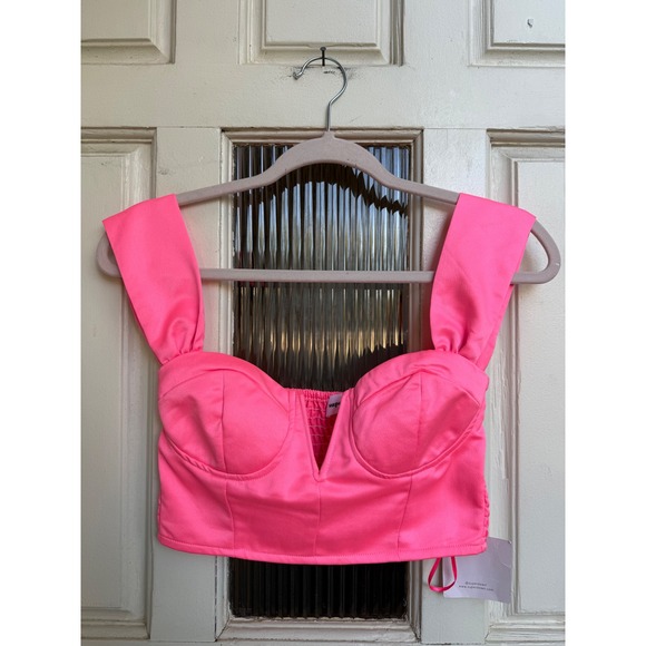 superdown Tops - Superdown Revolve Neon Pink Bustier Crop Top Smocked Back V-Notch Size XS New